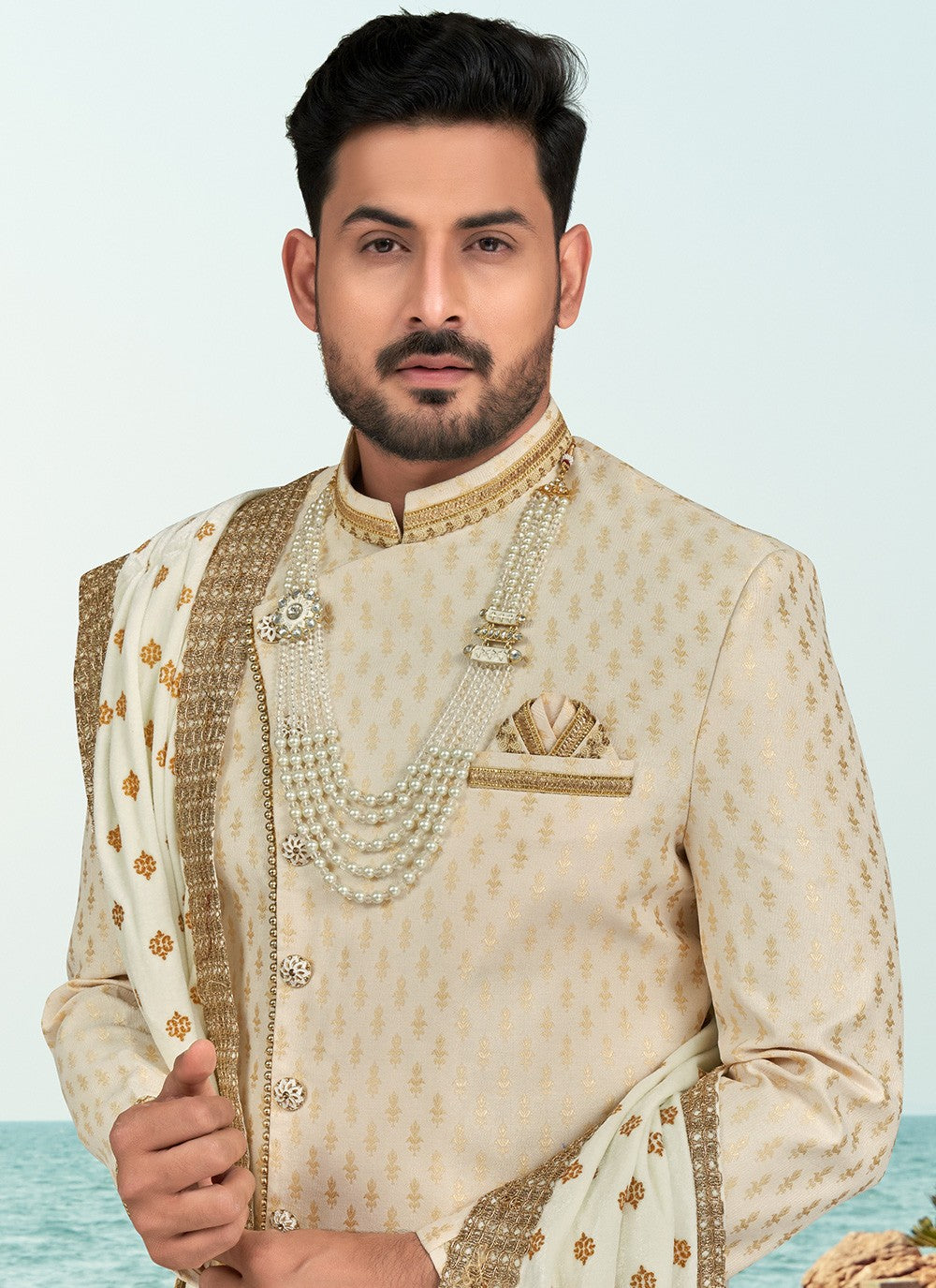 Thread Banarasi Silk Cream Sherwani - M6792