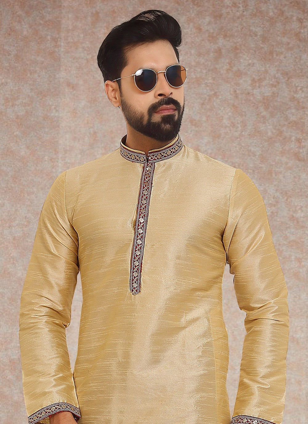 Embroidered Dupion Silk Cream Kurta Pyjama - M3342