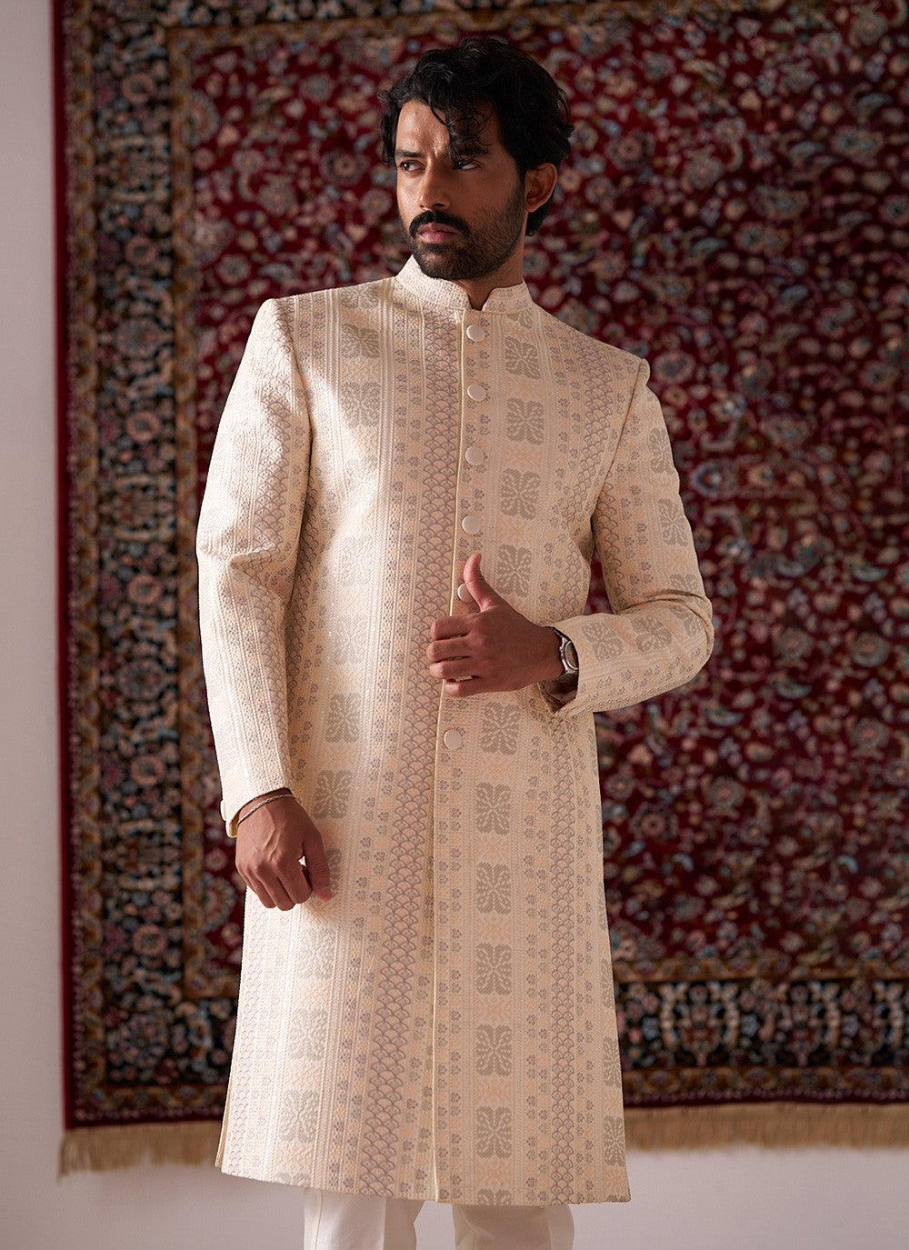 Embroidered Silk Cream Sherwani - M8426