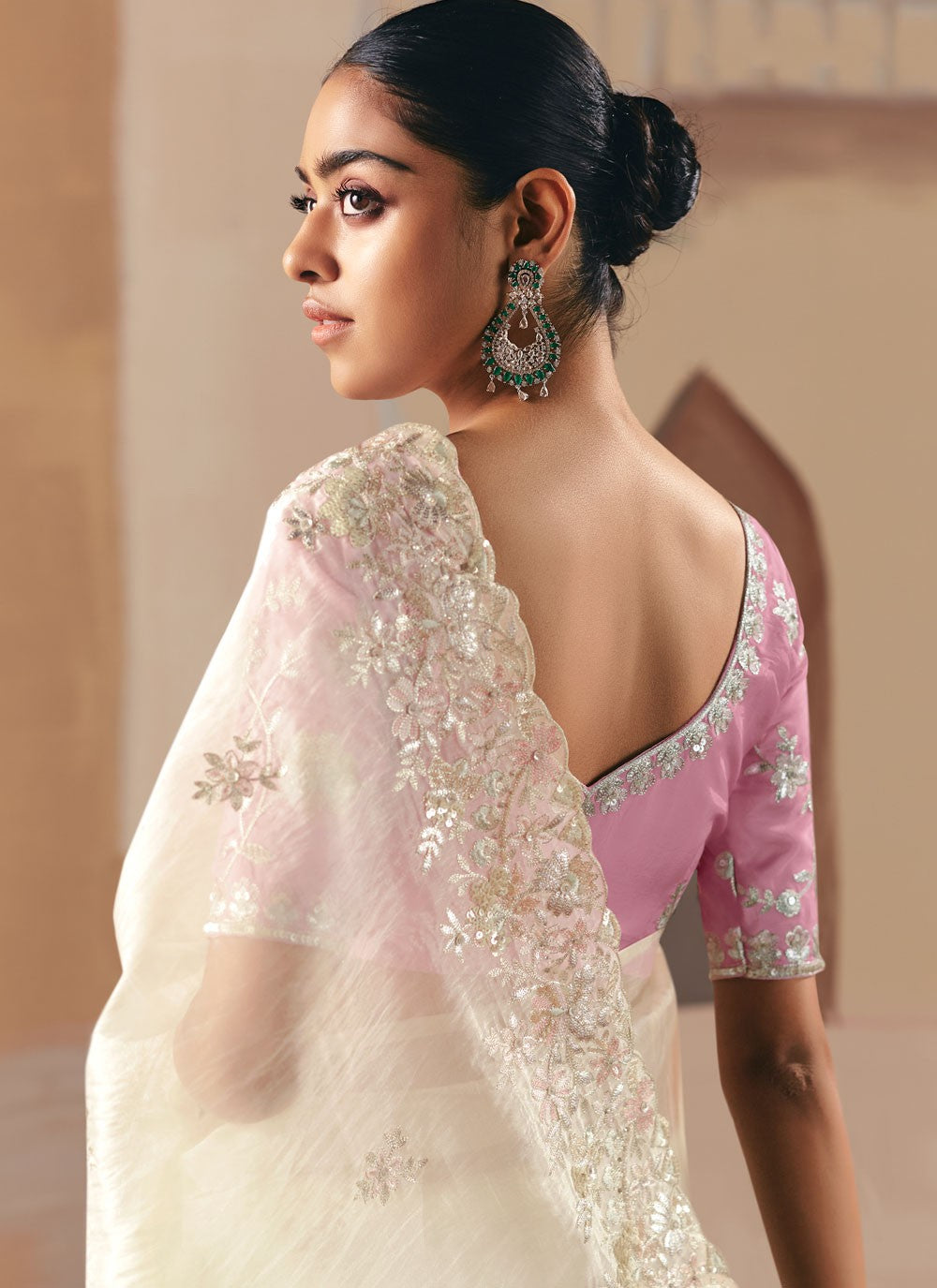 Cream Fancy Fabric Classic Saree Embroidered, Sequins S20026