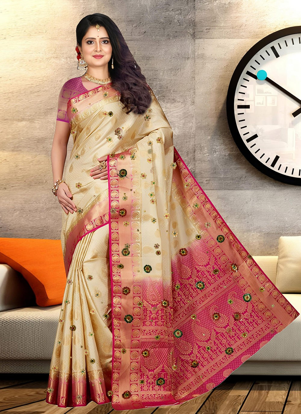 Hand Embroidery Kanjivaram Silk Cream Saree S13756