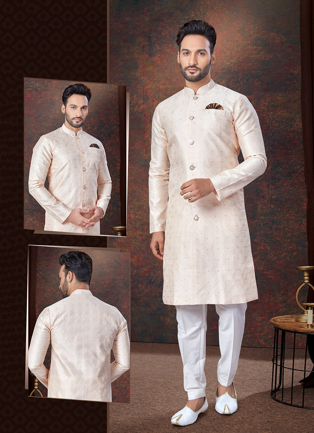 Plain Jacquard Cream Indo Western - M7704