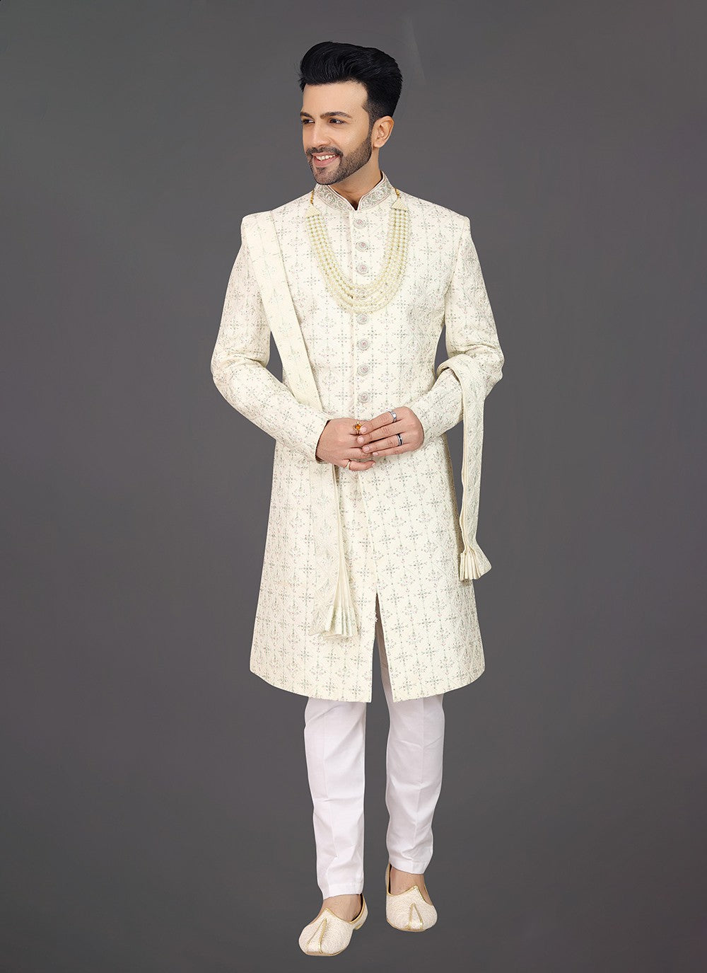 Embroidered Silk Cream Sherwani - M7994