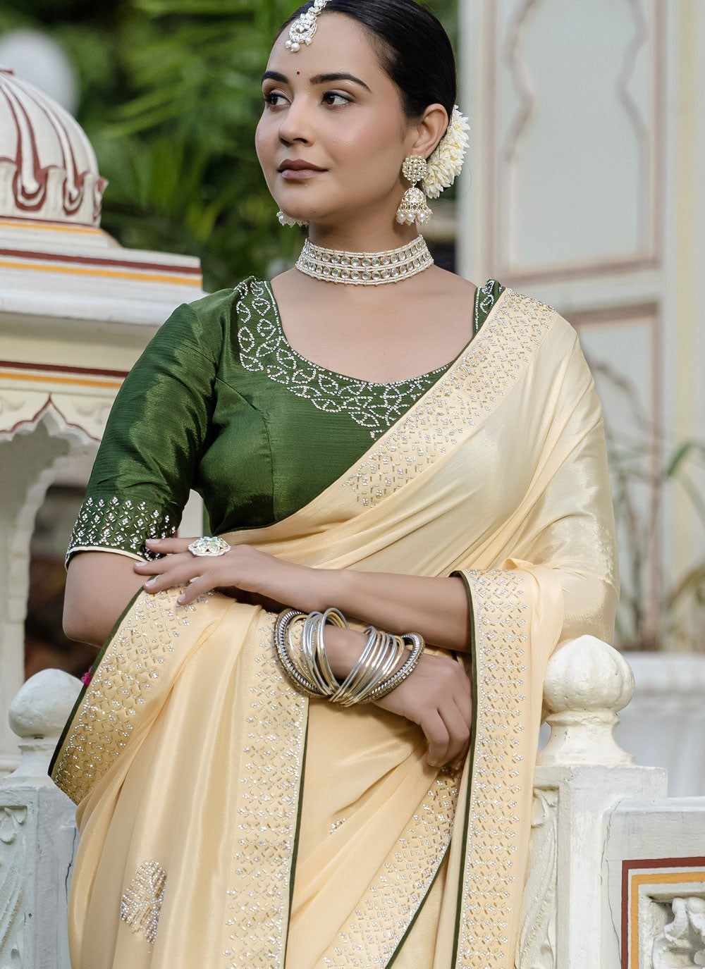 Cream Chinon Contemporary Saree Beads, Border Work, Hand Embroidery, Zircon S15772