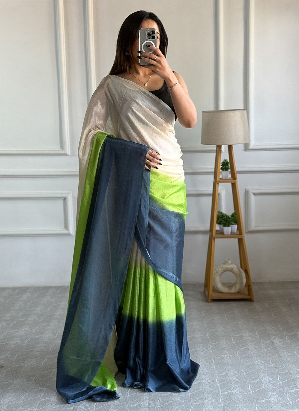 Cream Chinon Contemporary Saree Plain S16502