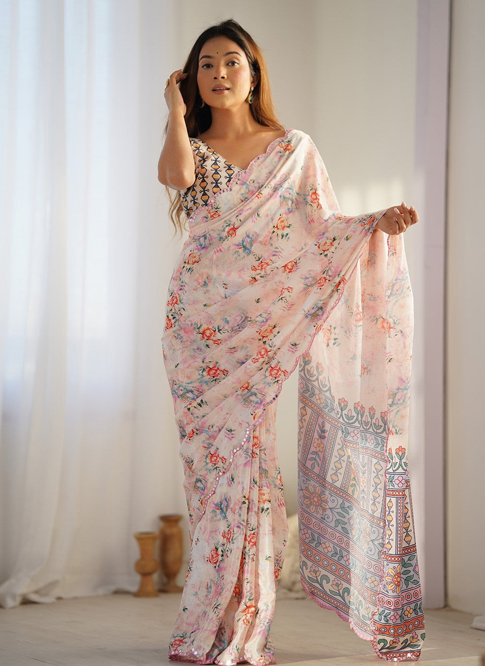Trendy Saree Digital Print Cream Chinon Saree S12386