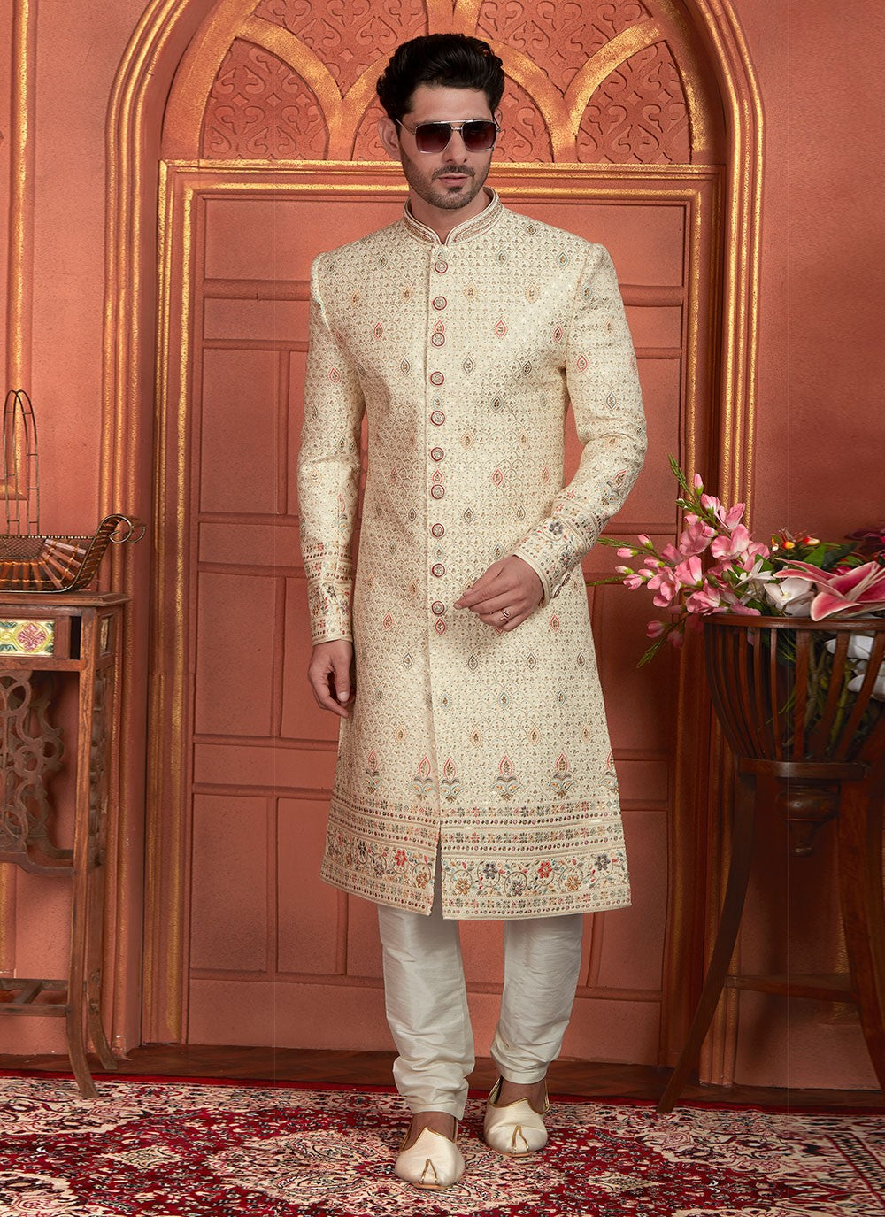 Embroidered Art Silk Cream Sherwani - M8277