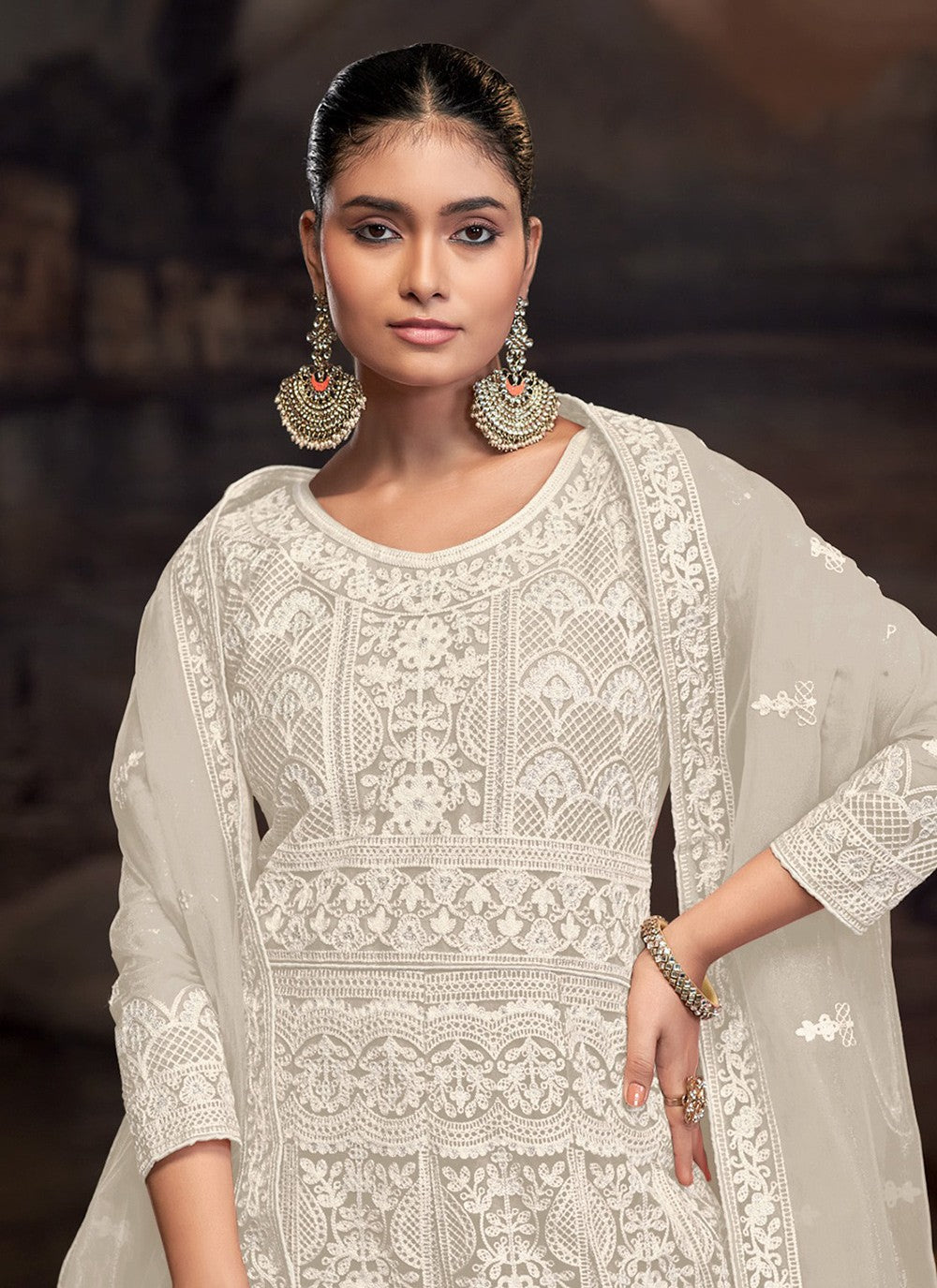 Anarkali Embroidered Cream T7012