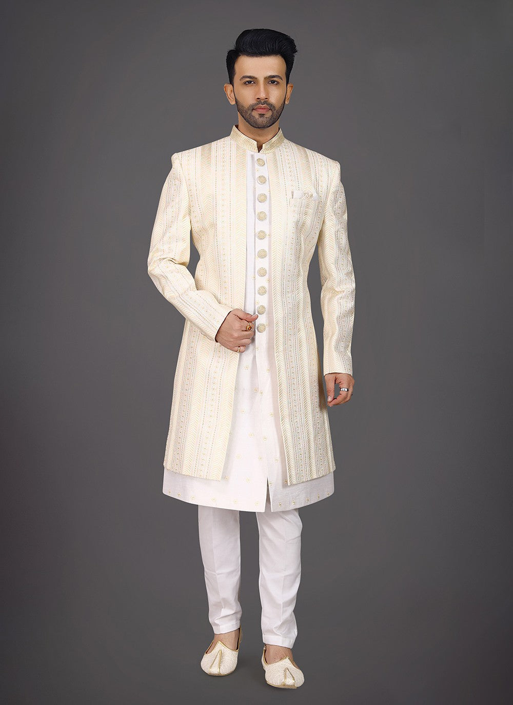 Embroidered Silk Cream Sherwani - M7966