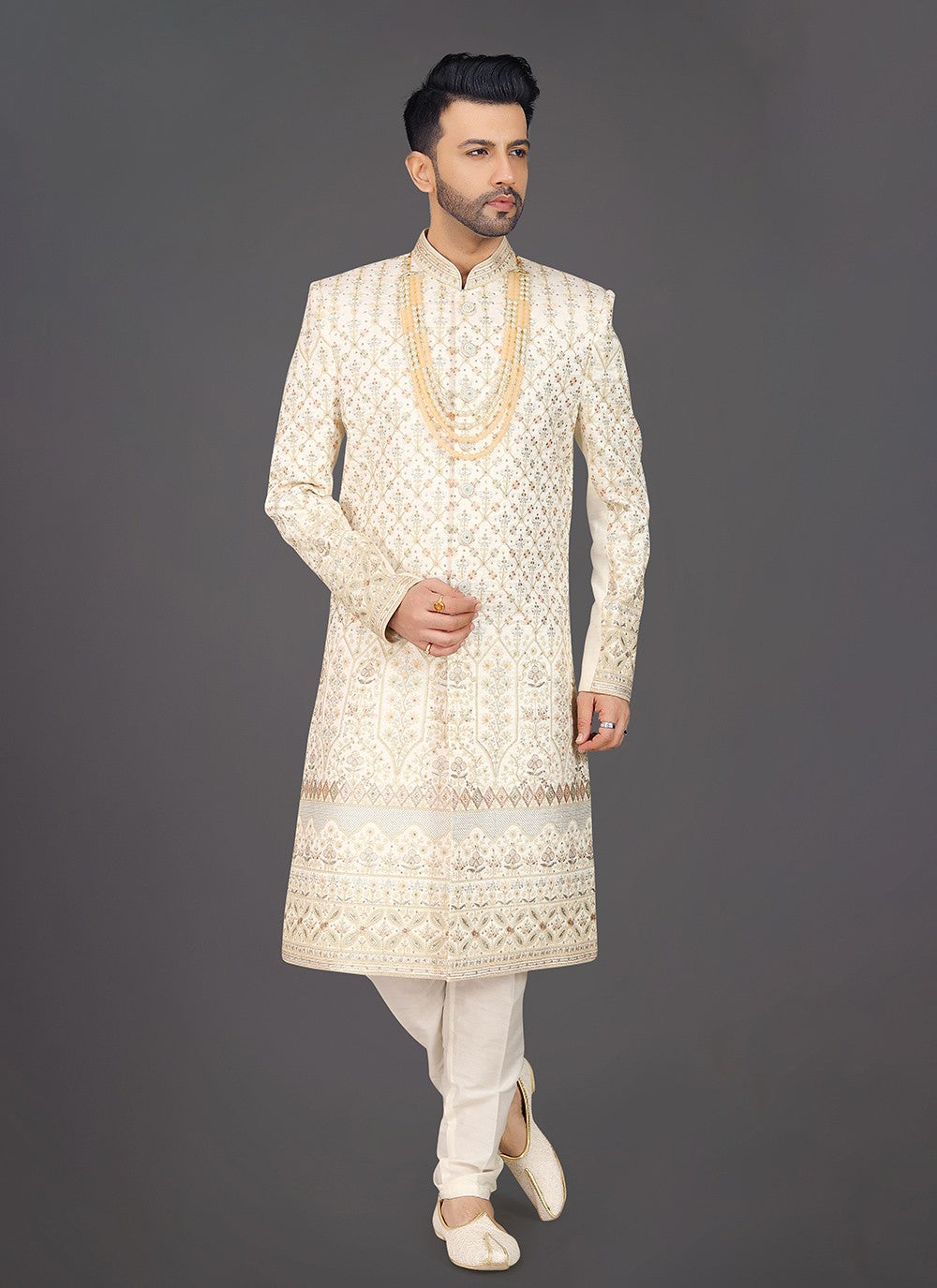 Embroidered Silk Cream Sherwani - M7990