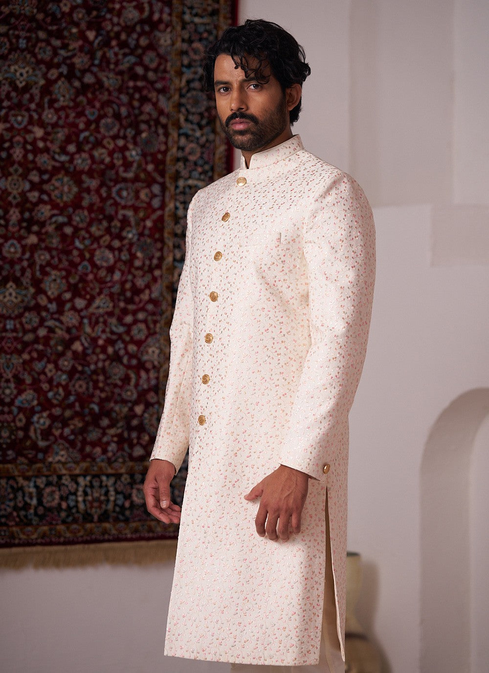 Embroidered Silk Cream Sherwani - M8427