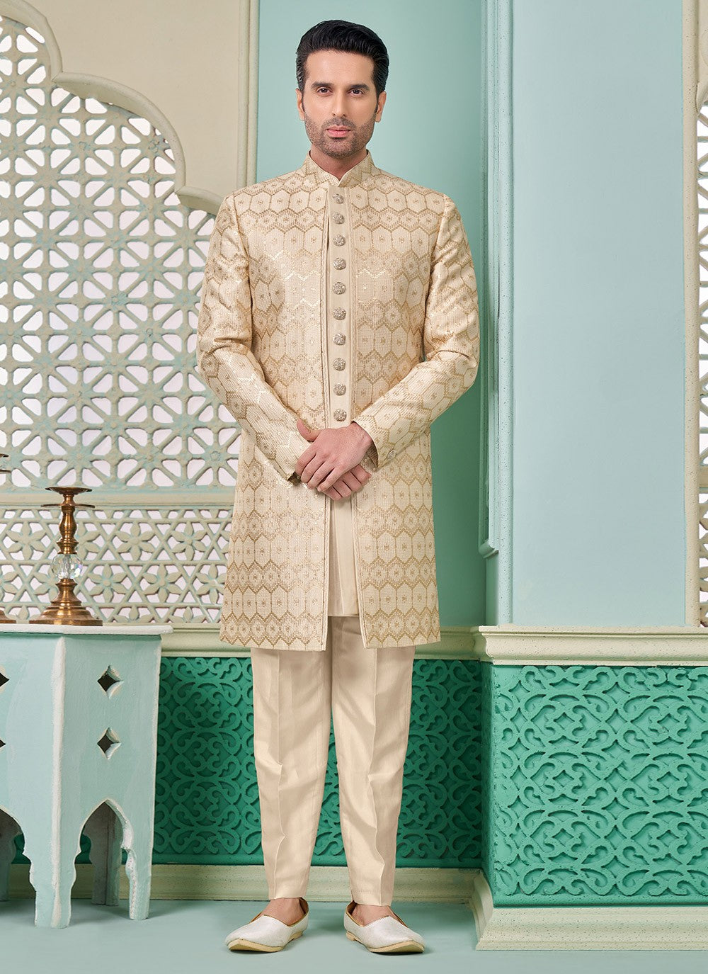 Embroidered Banarasi Silk Cream Indo Western - M7298