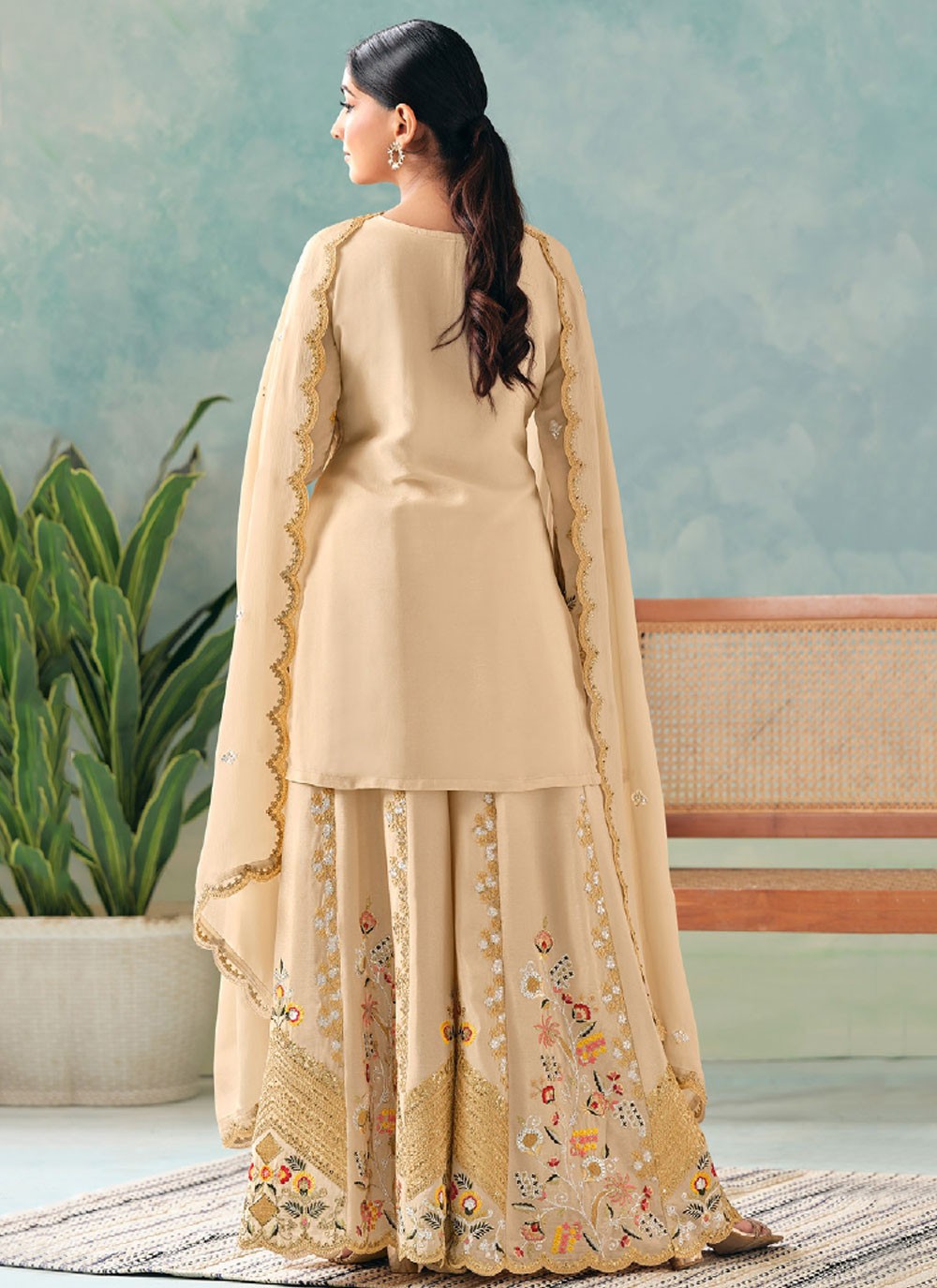 Palazzo Suit Embroidered, Moti, Zari Cream T7630