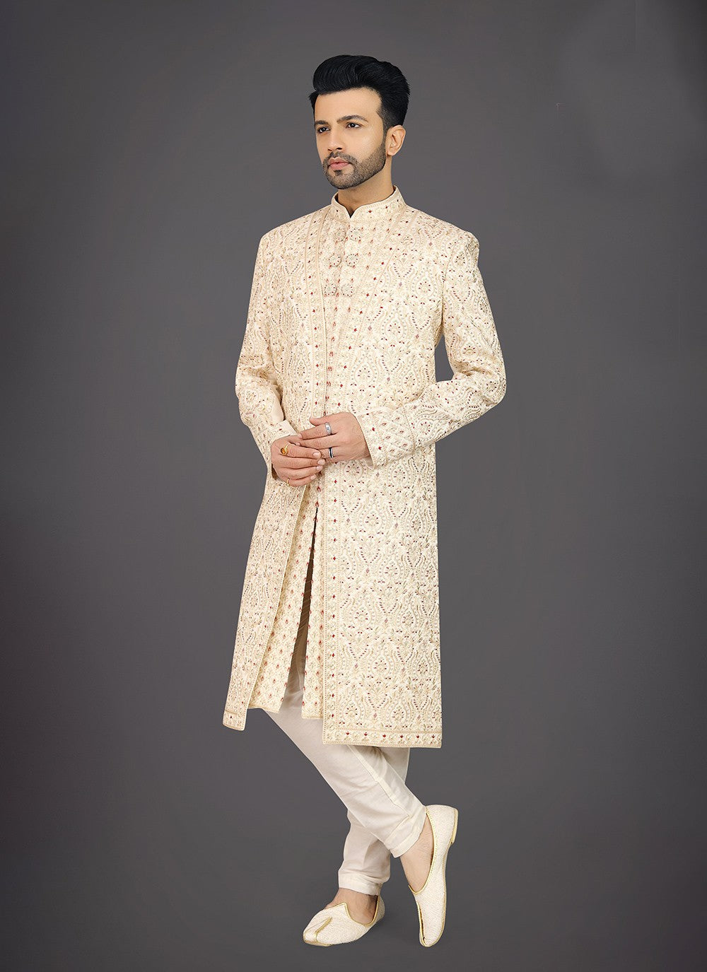 Embroidered Silk Cream Sherwani - M7984