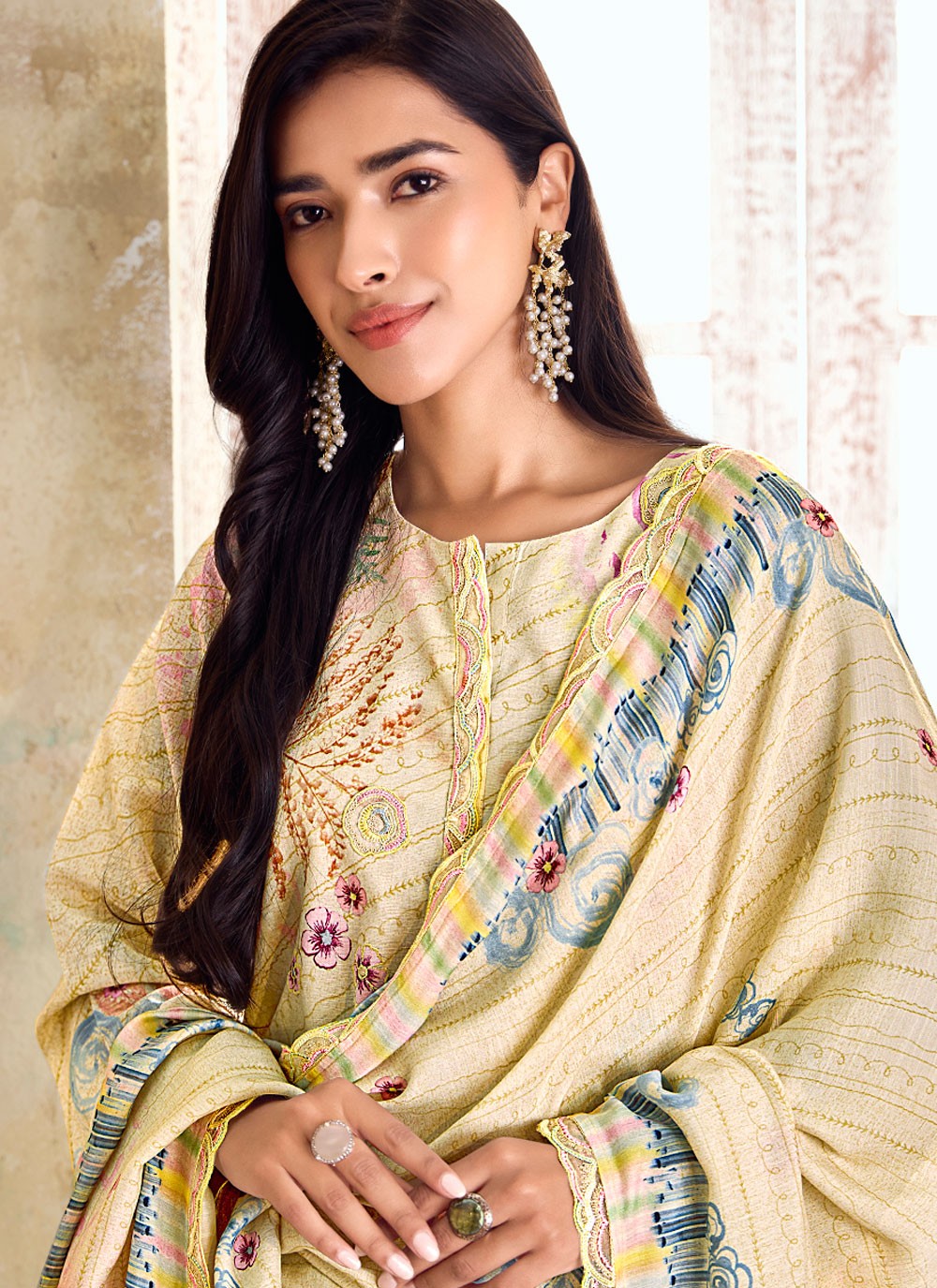 Digital Print Linen Cream Pant Style Suit T6304