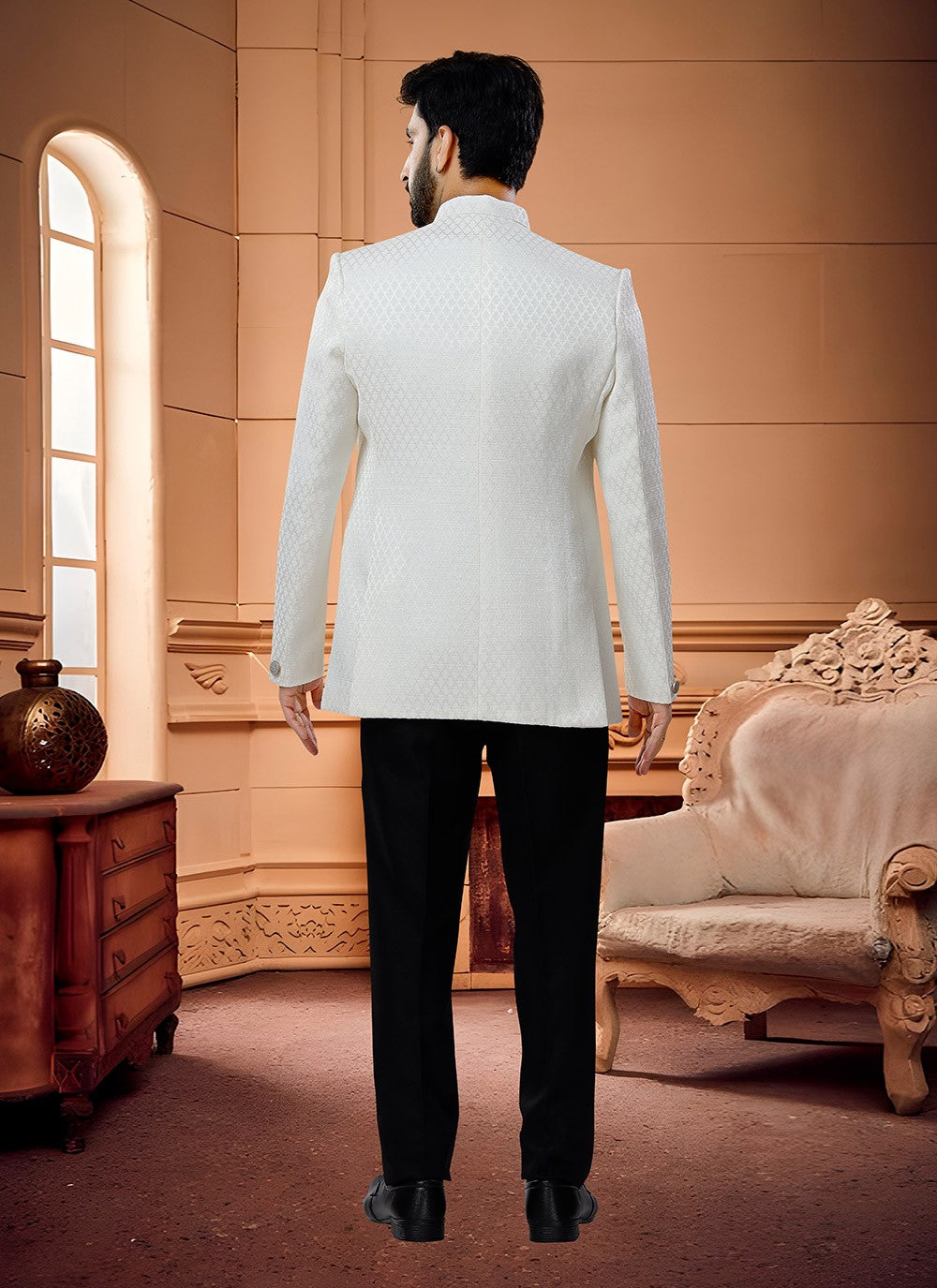 Fancy Work Jacquard Cream Jodhpuri Suit - M4344