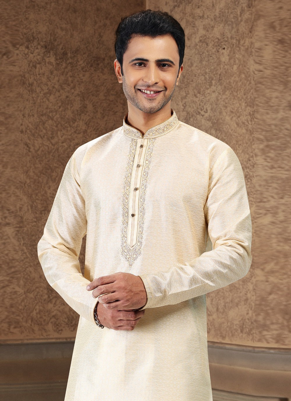 Fancy Work Banarasi Silk, Jacquard Cream Kurta Pyjama - M4866
