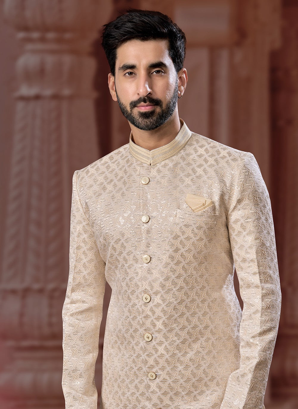 Fancy Work Jacquard Cream Indo Western Sherwani - M6883