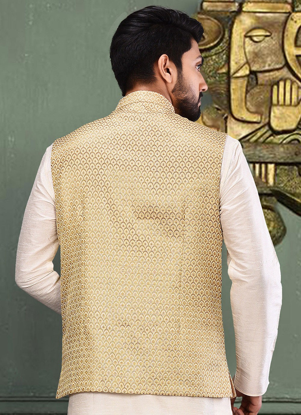 Fancy Work Jacquard Cream Nehru Jackets - M2747