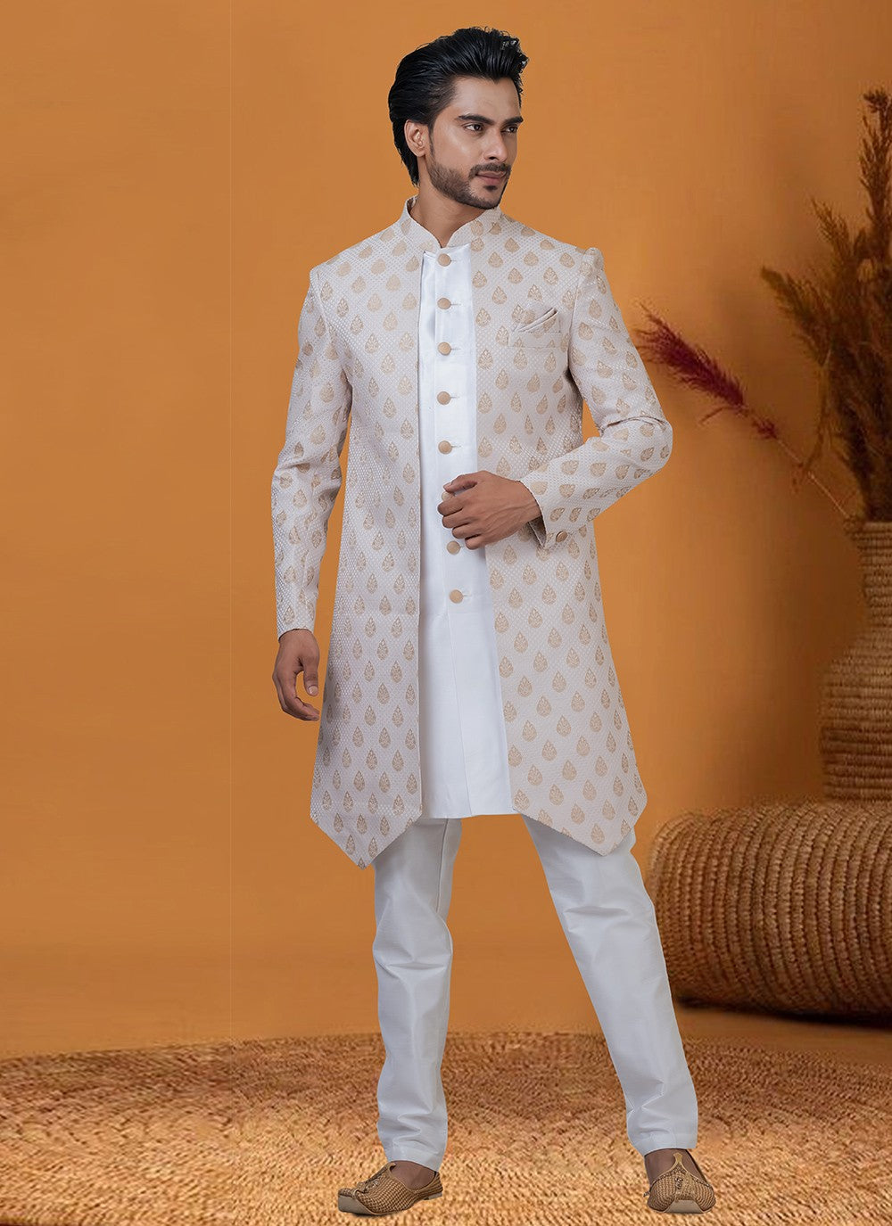 Jacquard Work Jacquard Silk Cream Indo Western - M8369