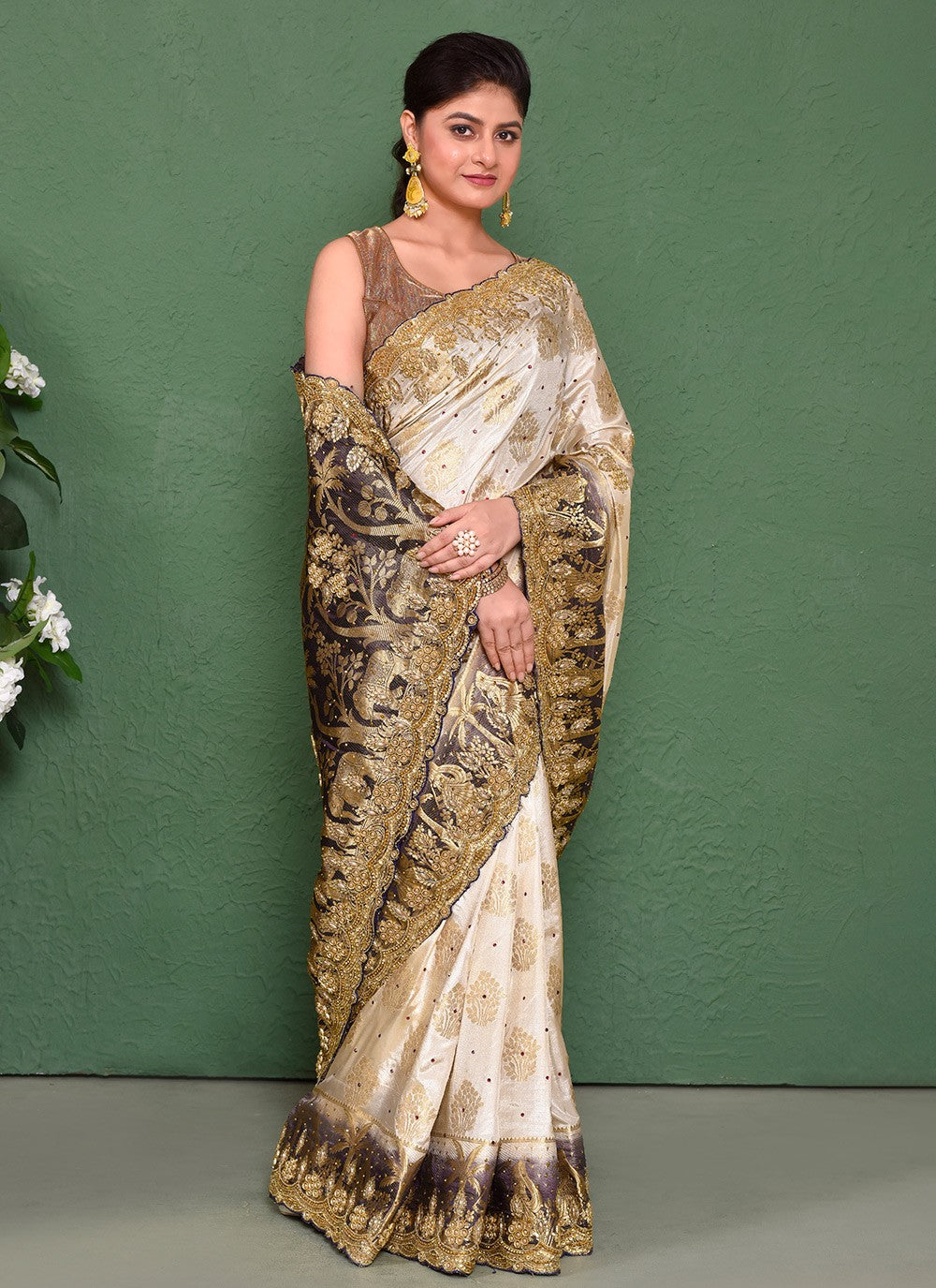 Hand Embroidery Kanjivaram Silk Cream Saree S14325