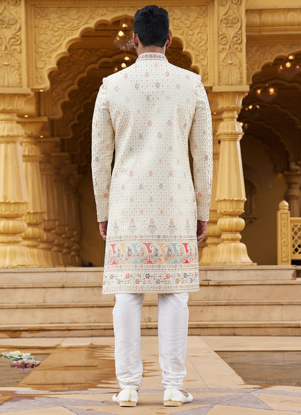 Machine Embroidery Art Silk Cream Sherwani - M6100