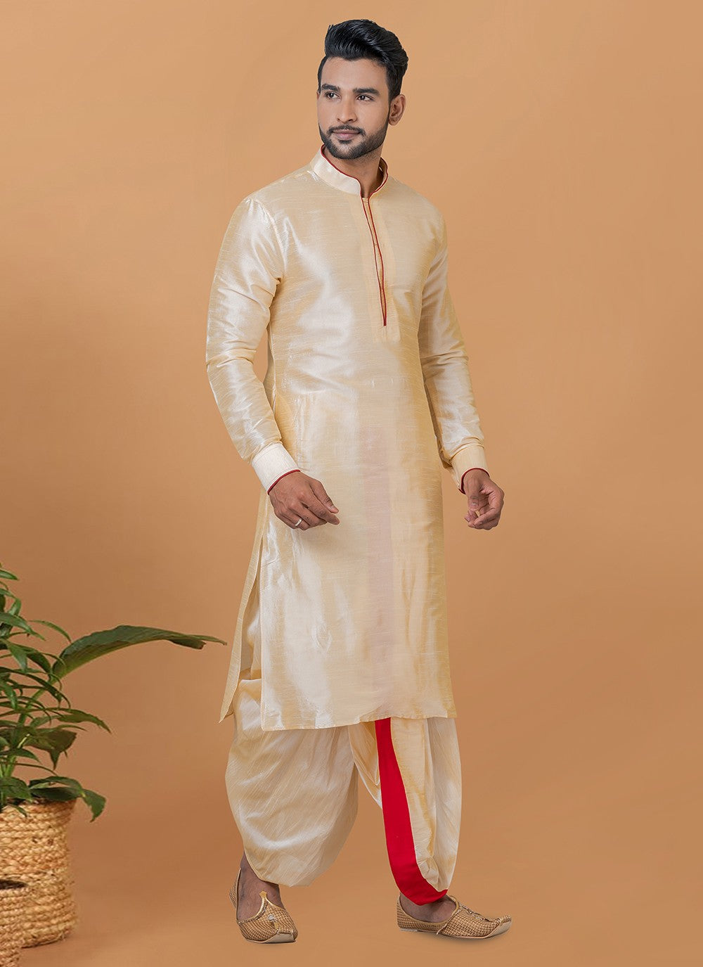 Plain Banarasi Silk Cream Dhoti Kurta - M5944