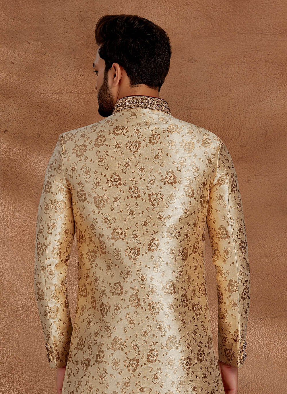 Jacquard Work Jacquard Cream Indo Western Sherwani - M2701