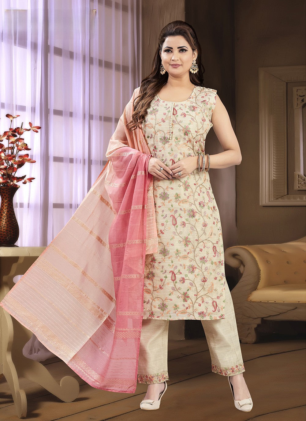 Pant Style Suit Embroidered Cream T8048