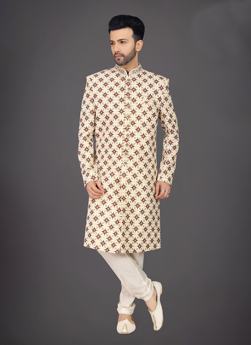Embroidered Silk Cream Sherwani - M7983
