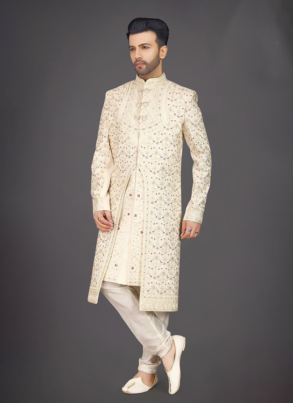 Embroidered Silk Cream Sherwani - M7985