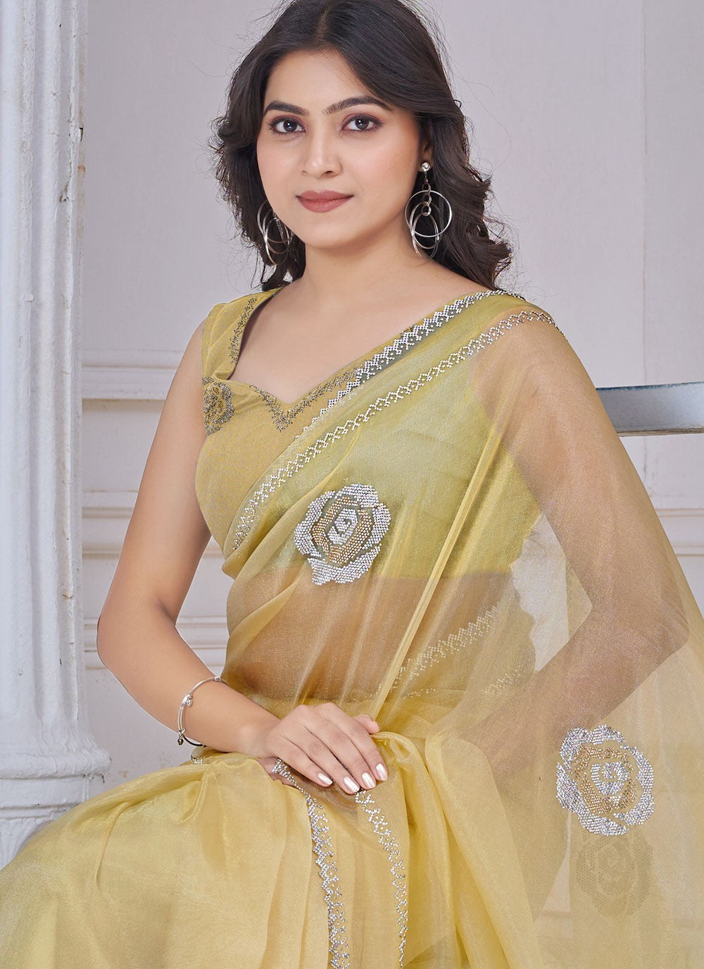 Swarovski Organza Cream Classic Saree S15114