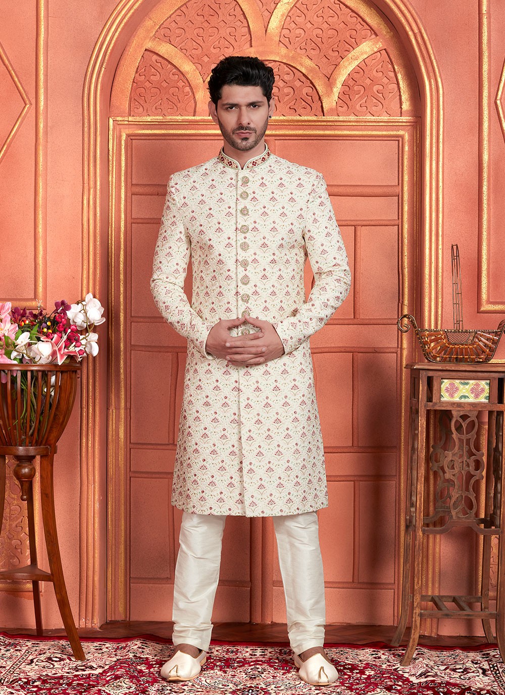 Embroidered Art Silk Cream Sherwani - M8261
