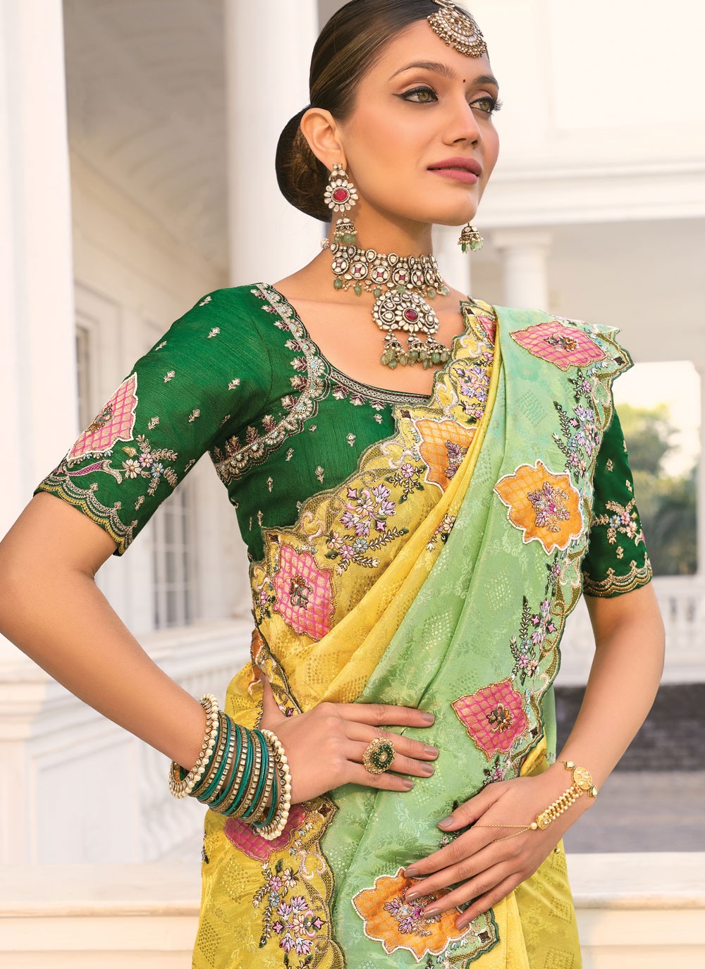 Cut Work Crepe Jacquard Green Saree S14302