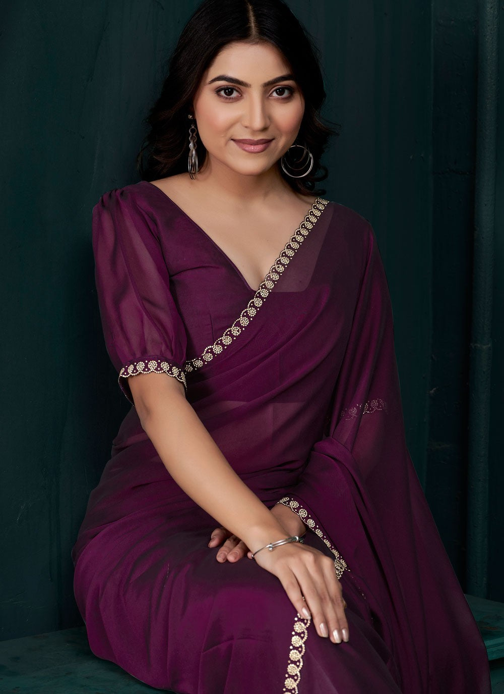 Swarovski Crepe Silk Purple Classic Saree S14892