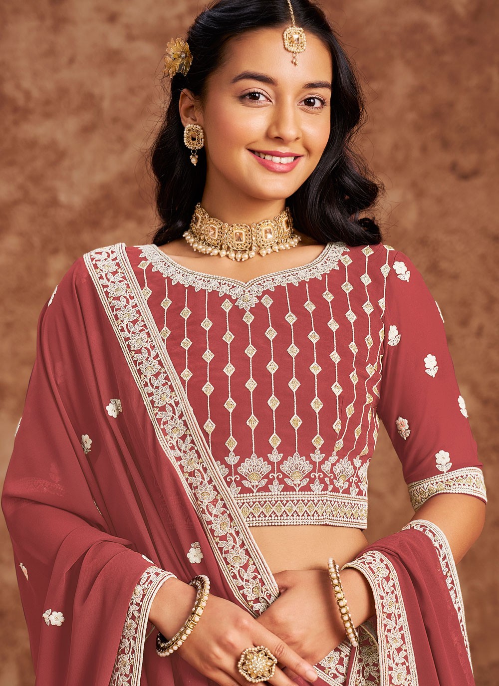Embroidered Faux Georgette Crimson Lehenga - L3232