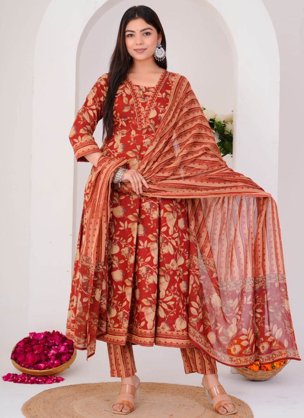 Anarkali Foliage Prints Crimson Cotton T5705
