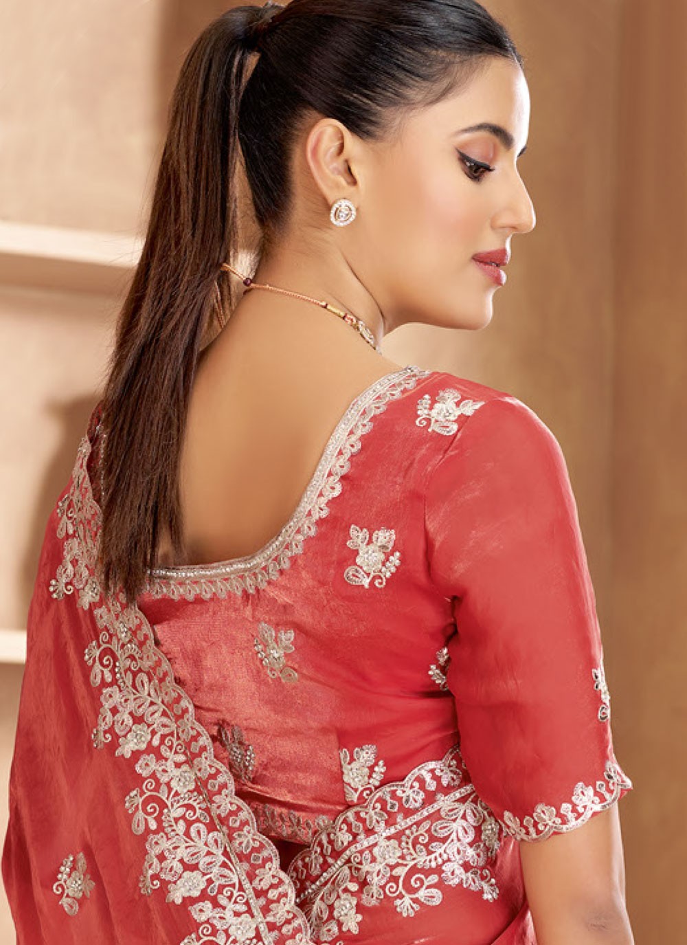 Designer Cut Work Crimson Satin Saree S13360