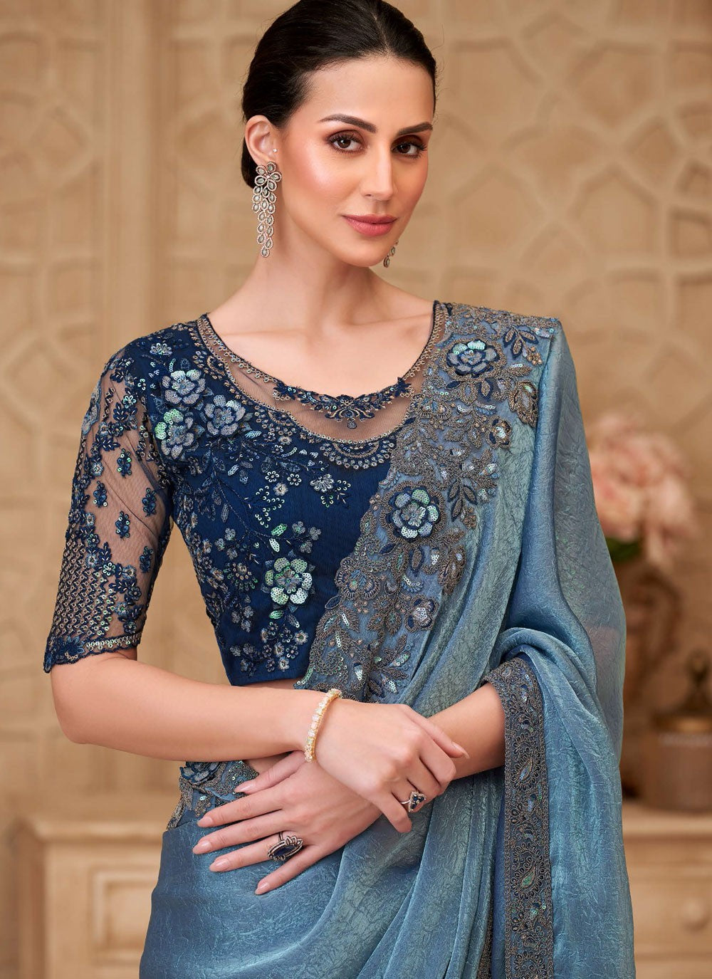 Blue Crush Traditional Saree Border Work, Embroidered S19787