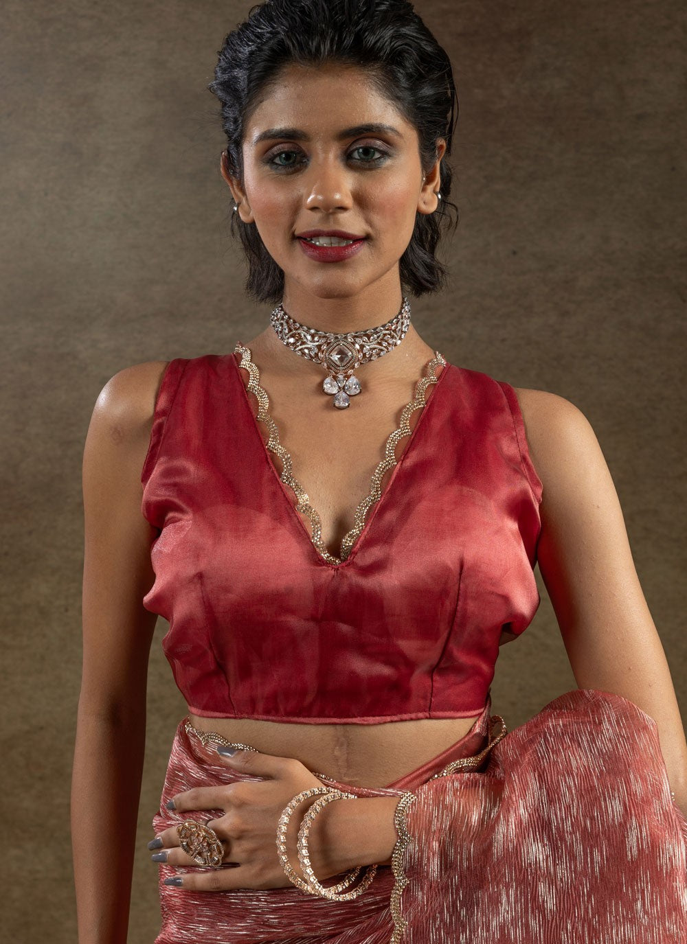 Cut Work Crush Crimson Designer Saree S15575