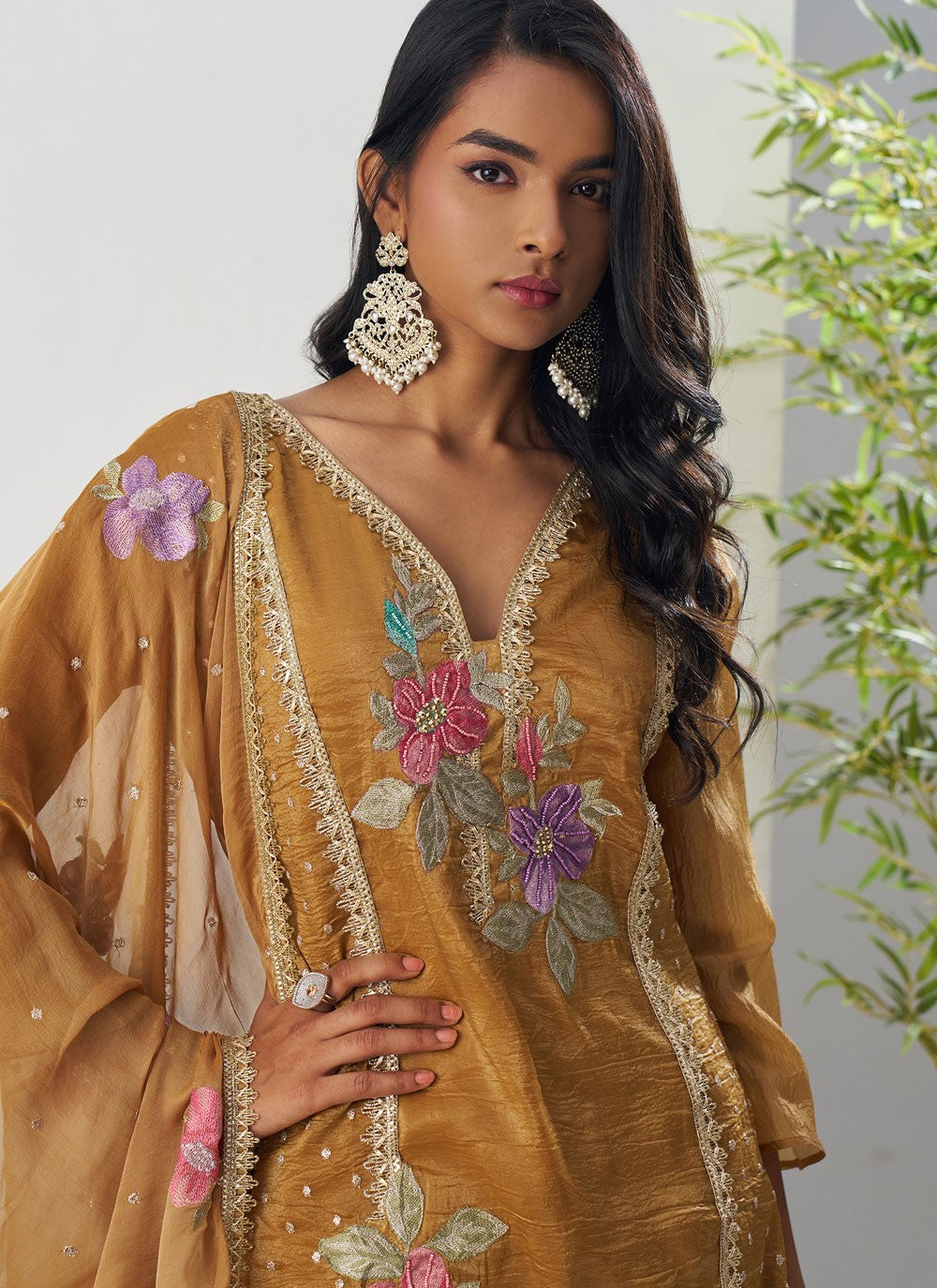 Pant Style Suit Embroidered, Fancy Work Brown T7892