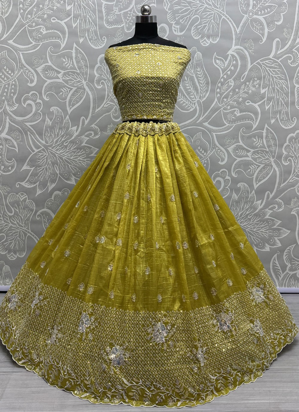 Embroidered Crush Green Lehenga - L3409