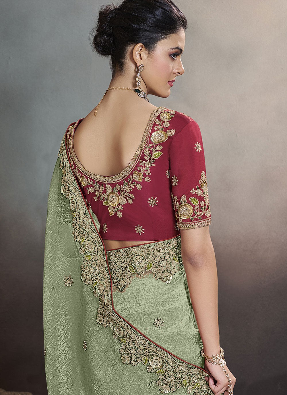 Hand Embroidery Crush Green Traditional Saree S15239
