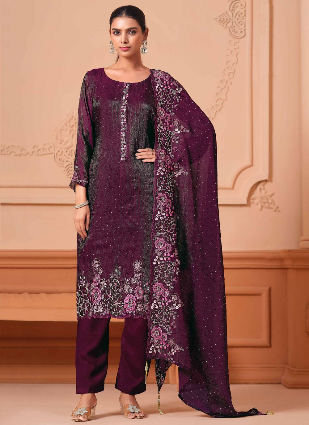 Pant Style Suit Embroidered, Stones Purple T6864