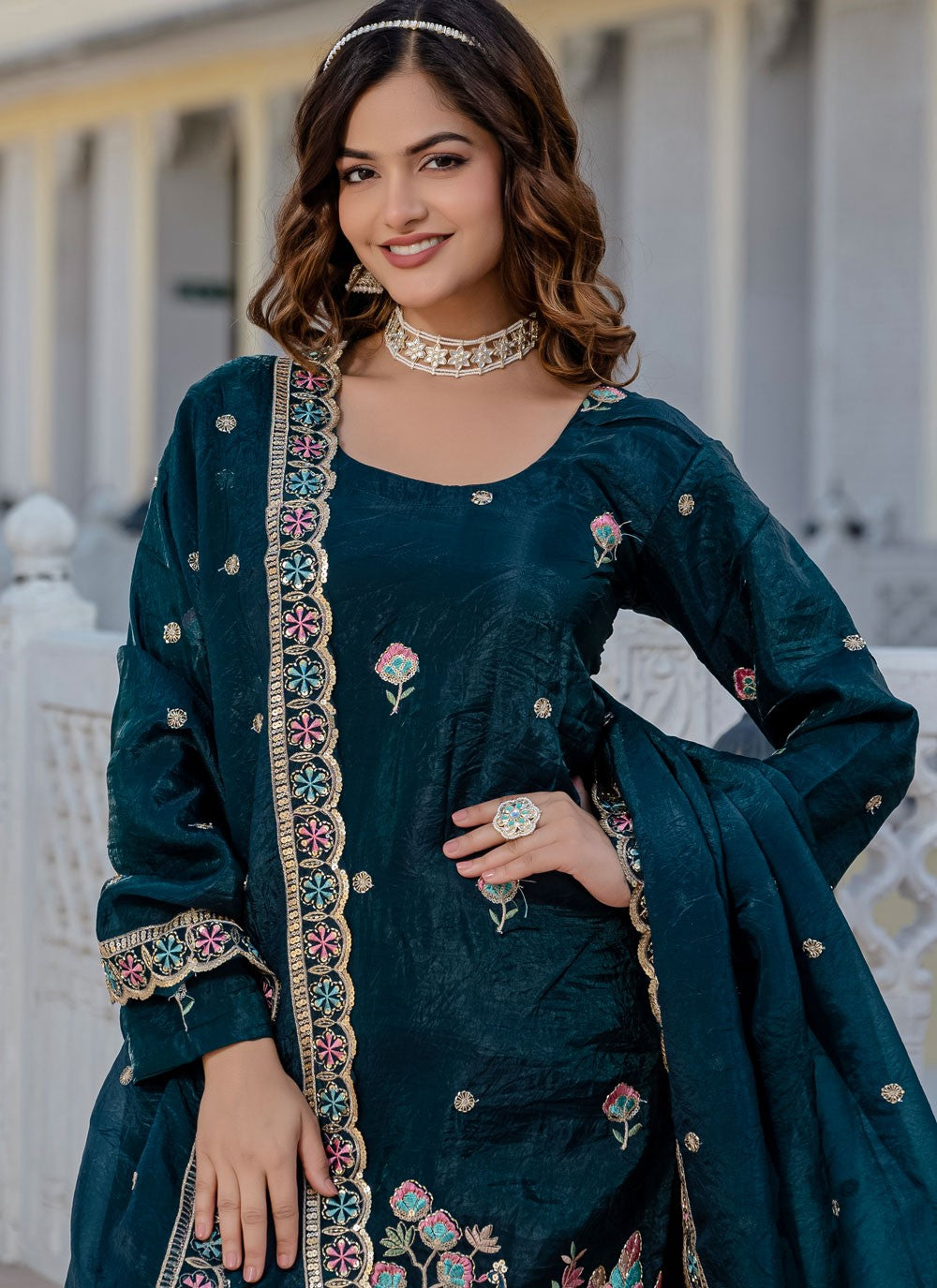Sharara Suit Embroidered, Sequins Green T7699