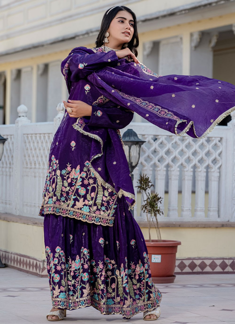 Sharara Suit Embroidered, Sequins Violet T7698