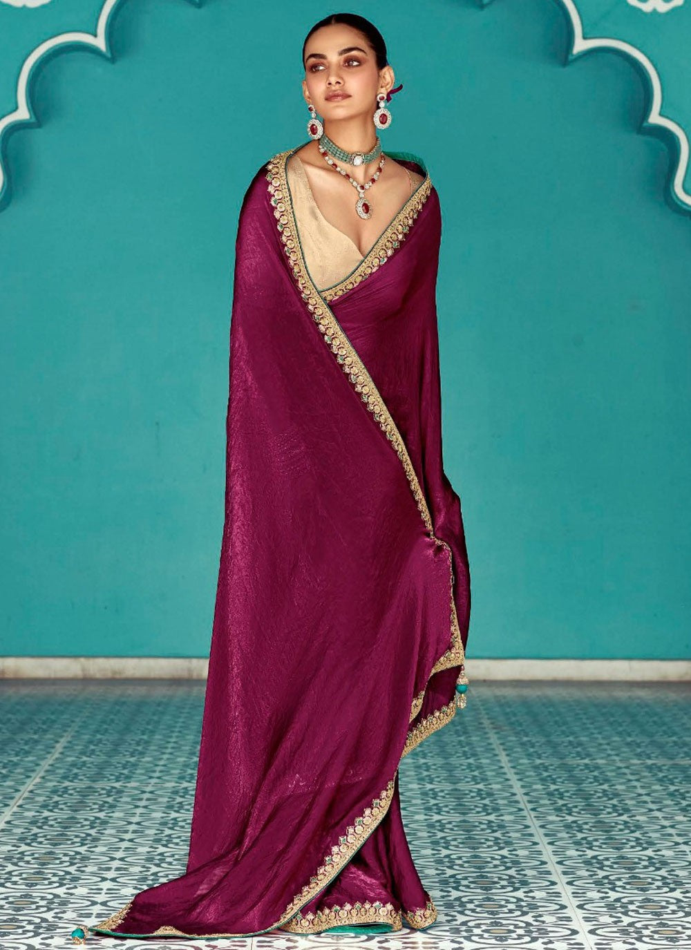 Contemporary Embroidered Wine Crush Saree S13277