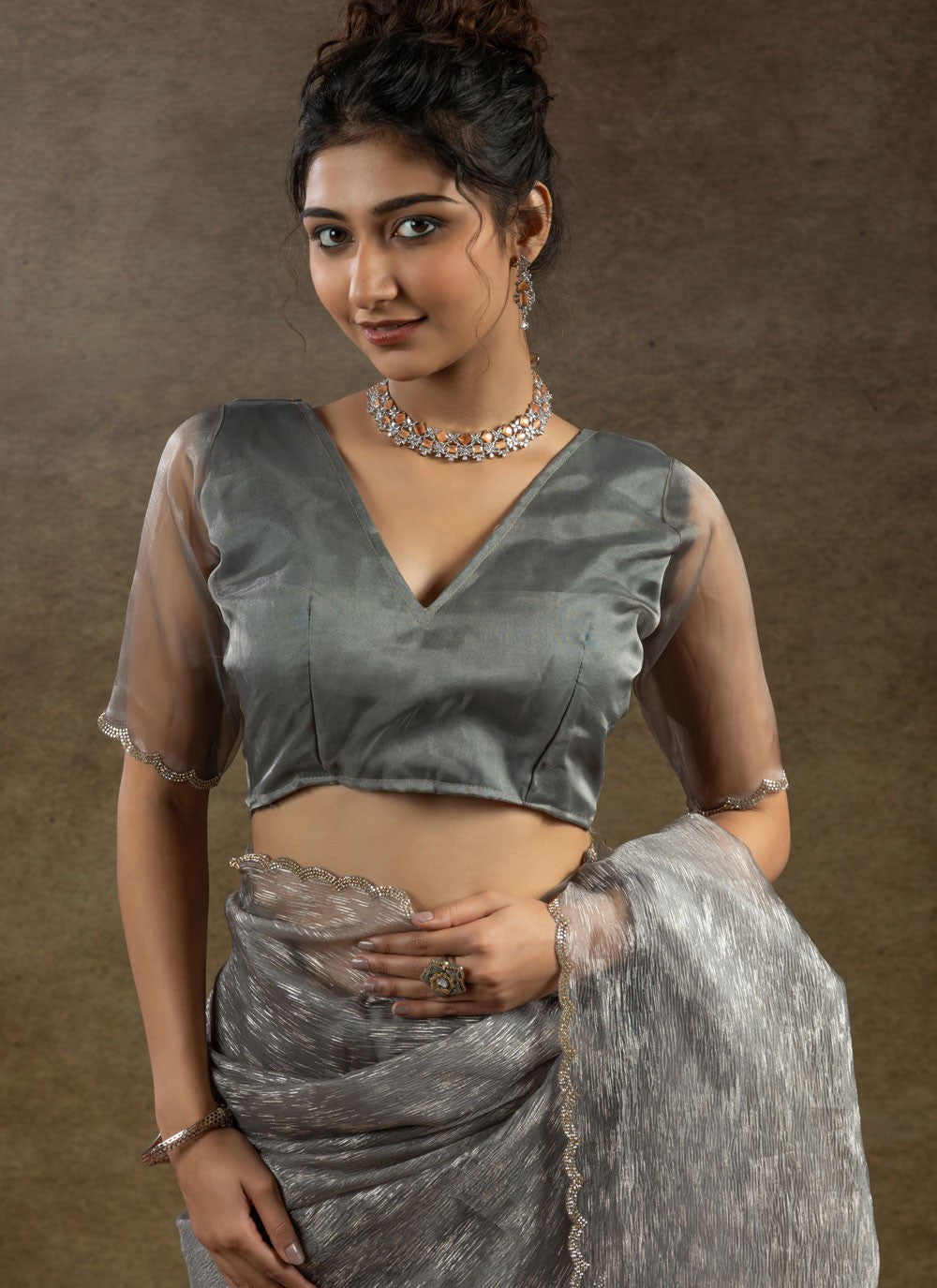 Cut Work Crush Silver Classic Saree S15578