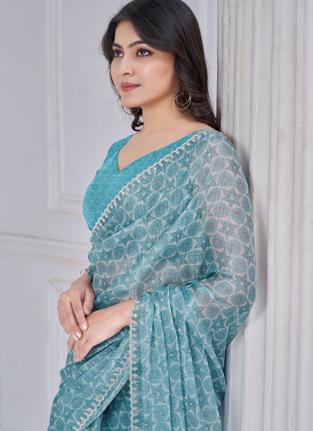 Cut Work Organza Blue Contemporary Saree S15147