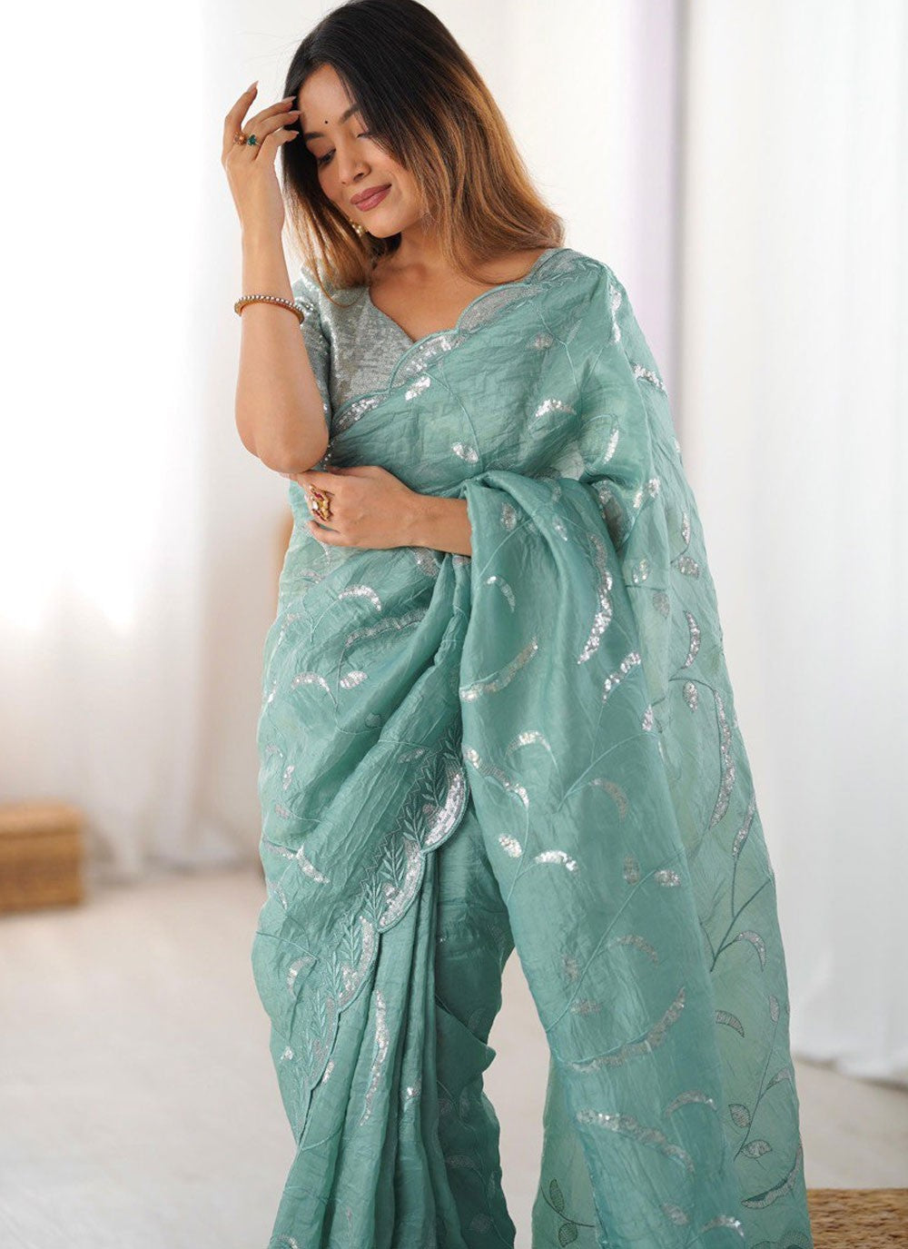 Aqua Blue Crush Contemporary Saree Cut Work, Embroidered, Sequins S16908